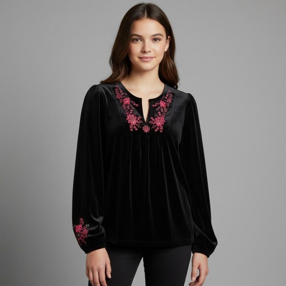 NWT Chelsea & Violet Girls Top Sz XL Black V-Neck Floral Embroidery Ties Stretch